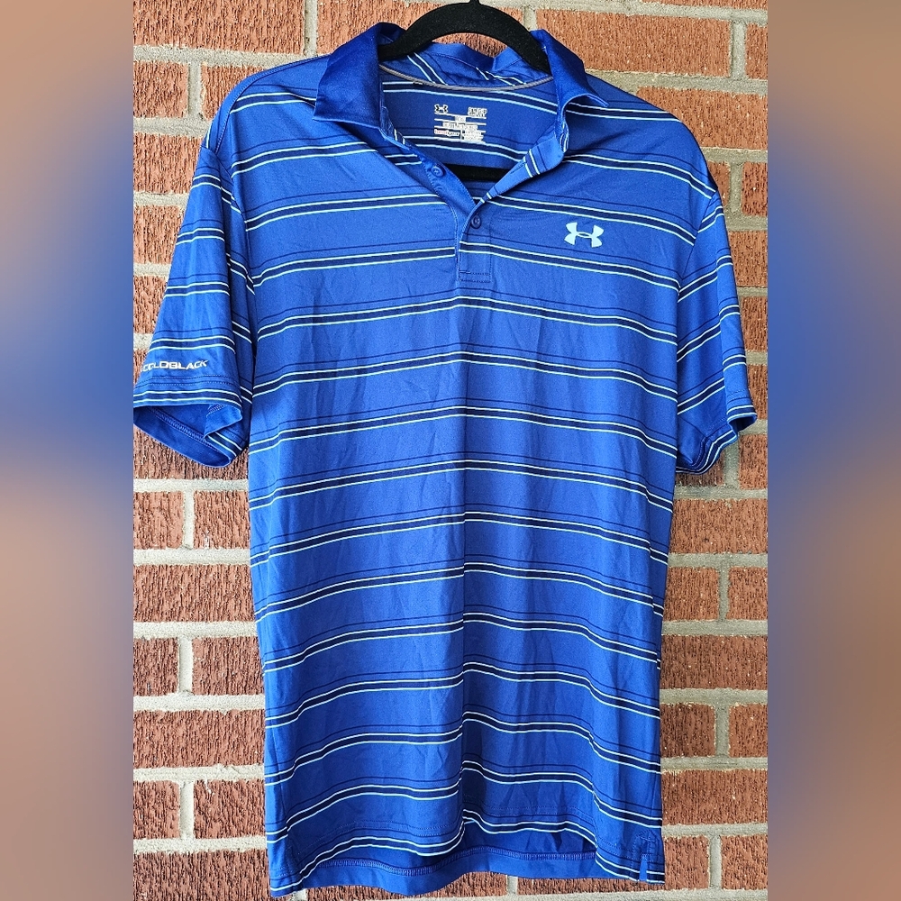 UNDER ARMOUR Golf Polo Shirt Mens Small Blue Stripe Loose Heat Gear Coldblack